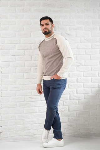 San&fa Yarım Balıkçı Desenli Slimfit Yünlü Triko Kazak Krem
