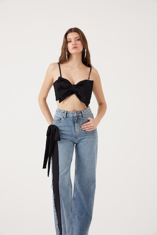 Holly Lolly Yüksek Bel Kurdele Detaylı Wide Leg Kyla Jean Pantolon Siyah