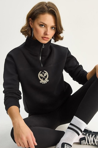 Shade Kadın Dik Yaka Yarım Fermuarlı İçi Polarlı Crop Sweatshirt 1808 60283713 - Siyah