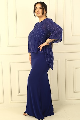 İçi İp Askılı Astarlı Uzun Sandy Elbise Arkası Düğmeli Boncuklu Şifon Bluz Büyük Beden 2'li Takım Saks