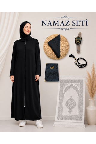 Bilenler Kadın Namaz Seti Fermuarlı Namaz Elbisesi Seccade Örtü Yasin Tesbih Zikirmatik Siyah