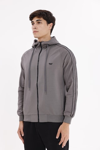 Rowinger Çift Şerit Kol Detaylı Tam Fermuarlı Cepli Rahat Kalıp Ayarlanabilir Kapüşonlu Sweatshirt Antracite