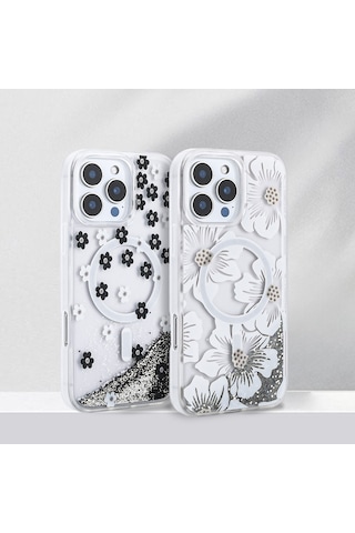 Apple Uyumlu iPhone 15 Pro Max Kılıf Sıvı Simli Desenli Magsafe Kamera Yükseltili Silikon Ata Pro Tech Pembe
