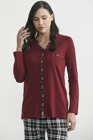 Ekose Kombinli Düğmeli Pijama Takım - Bordo Bordo