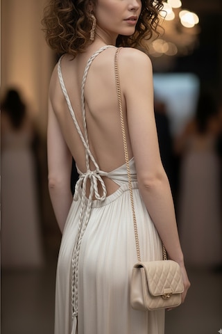 Fashion Cocktail Helen Örgü Sırt Bağlamalı Parlak Yumuşacık Saten Yırtmaçlı Bohem Yazlık Uzun Helenistik Gece Elbise Altın