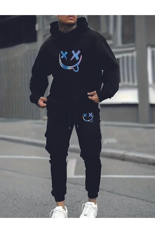 Hırsch Siyah Erkek Oversize Basic Kapüşonlu Paçası Lastikli Smile Baskılı Pamuklu Eşofman Takımı Siyah
