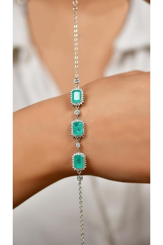 Roza Silver Paraiba Taşlı Rodyum Baget Anturaj Gümüş Bileklik