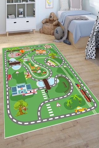 Dijital Baskılı Dekoratif Kaymaz Taban Yıkanabilir Trafik Parkı Temalı Modern Çocuk Halısı Yeşil