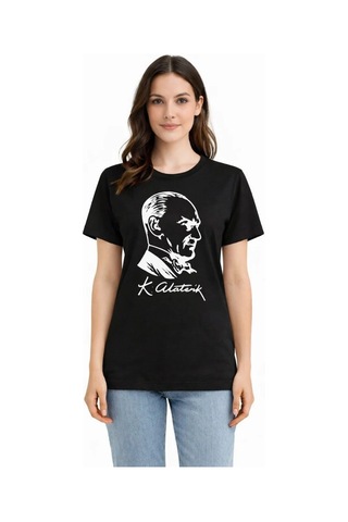 Tarzyeri Kadın Atatürk Baskılı Tişört Kısa Kollu Bisiklet Yaka T-shirt - Siyah Çok Renkli