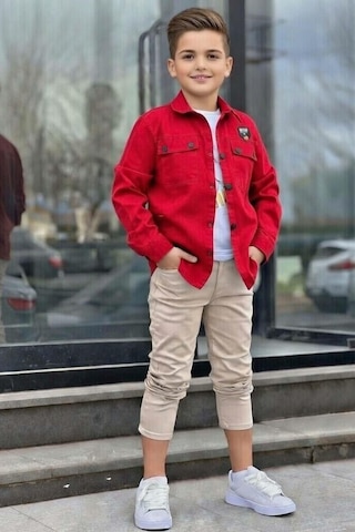 Riccotarz Erkek Çocuk Sırt Baskılı Çıtçıt Düğmeli Kırmızı Gömlek Dar Kesim Pantolon Alt Üst Takım Kırmızı