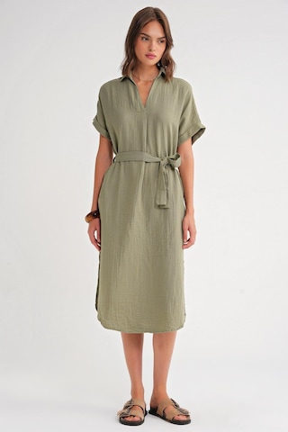 4720 Kadın Pile Detaylı Bağlamalı V Yaka Müslin Elbise Haki Haki