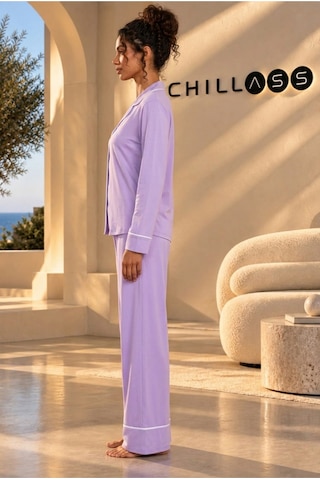 Chıllass Kadın Pamuklu Uzun Kollu Pijama Takımı Önden Düğmeli Lila Lila