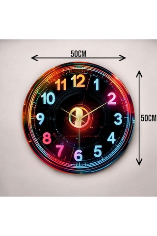 Dijital Görünümlü Neon Renkli Baskı Desenli Sayılı Hediyelik Ahşap Sessiz Duvar Saati 50cm ÇOk Renkli
