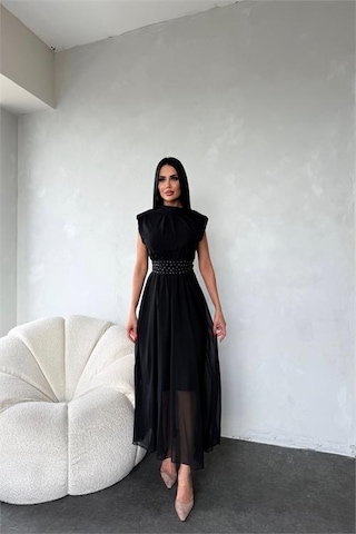 Neşeli Butik Kadın Kuşağı Taş Detaylı Midi Şifon Elbise Nbmy3509 Siyah