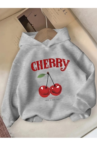 Uyguntarz Happy Cherry Baskılı Oversize Çocuk Sweatshirt Gri