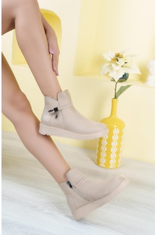Nesil Shoes Dvm 1001 Bej Nubuk Kadın Fermuarlı Kışlık Bot Bej
