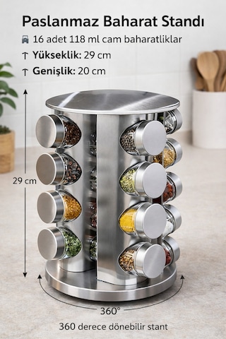 Makri Home 16'lı Döner Baharatlık Seti Krom Yuvarlak Stantlı 118 Ml Cam Kavanoz 360 Döner 29x20 Cm Diğer