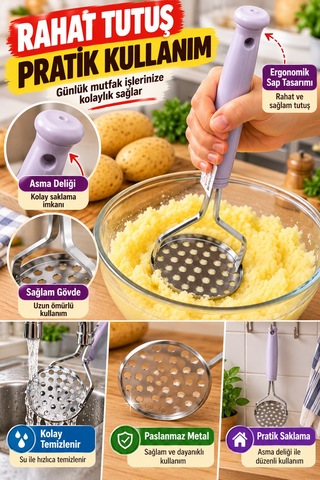 Metal Patates Ezici Püre Yapıcı Domates Sebze Ezme Aparatı Paslanmaz Çelik 25 Cm 8 Cm Mutfak Gereci