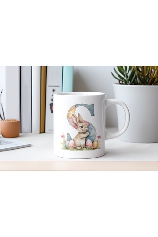 S Harfli Tavşan Kupa - Patchwork / Yamalı Desenli İsme Özel Kupa - Pastel Vintage Tarz Hediyelik 07 Beyaz