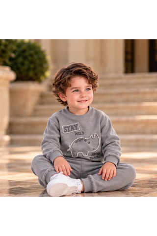 Maxx Kelın Erkek Çocuk Gri Dinozor Baskılı 2'li Takım Sweatshirt Ve Pantolon 6-12-18-24 Ay
