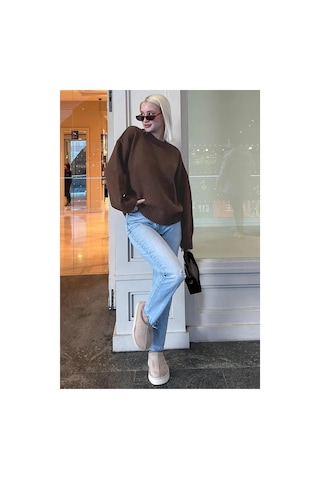 Flex Fashıon Kadın Kahverengi Trend Popüler Oversize Triko Kazak - Yumuşak Dokulu Bisiklet Yaka Kahverengi - 730329404 Kahverengi - 730329404 Kahverengi