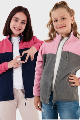 Lela Yumuşak Dokulu Fermuarlı Renk Bloklu Dik Yaka Cepli 2'Li Paket Hırka Çocuk Polar 5905001S2 Fuşya Lacivert-Şeker Pembe Gri