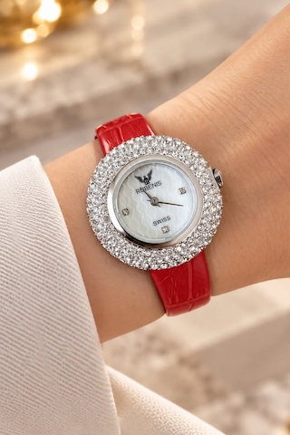Rubenis Swiss Kadın Kol Saati Çelik 33mm Kristal Taşlı Kırmızı Gerçek Deri Kayışlı Sedef Kadranlı