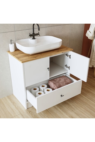 Oval Lavabolu Ayaklı 2 Kapaklı Çekmeceli Mdf 80 Cm Banyo Dolabı Atlantik Çam - Beyaz
