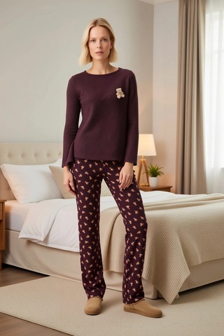 Benerly Kadın Uzun Kollu Kayık Yaka Regular Kalıp Waffle Örme Pijama Takı Kahverengi