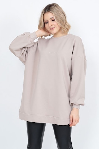 Kadın Uzun Kollu Oversize Sweatshirt Nakişli Bej