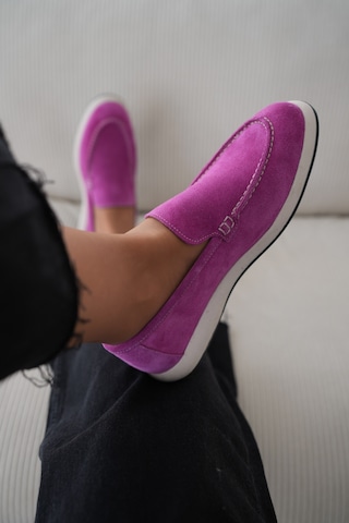 Felina Hakiki Süet Düz Tabanlı Kadın Loafer- Fuşya