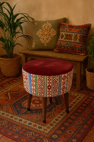 Ustaagac Puf Koltuk Bench Tabure Modern Kilim Bordo - Ahşap Ayaklı - Doğal Modern Stil Bordo Mürdüm