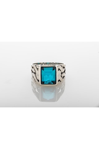 Gümüş Aqua Deniz Mavisi Renkli Zirkon Taşlı Erkek Yüzük