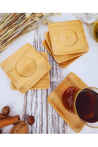 Ahşap Çay Tabağı 6 Lı Set Bardak Fincan Kupa Altlığı Kare Ahşap
