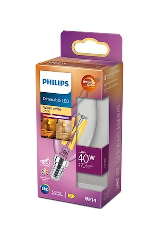 Philips LED Classic Dimlenebilir Şefaf Filament Mum Ampul 3.4W 470 Lum 2700K Sarı Işık BA35 E14 (40W)