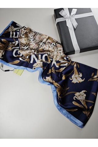 Miorel Scarfs Yeni Sezon Çiçek Desen Ekose Zincir Vual İpek Şal Premium Lacivert