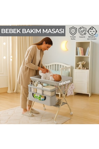 Portatif Bebek Alt Değiştirme Bakım Masası Sepetli Organizer Katlanabilir Taşınabilir İstasyon Tekerlekli Askılık Gri