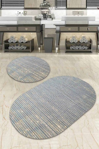 Mavi Çizgi Desen Banyo Halısı Klozet Oval Paspas Seti Bs063n11