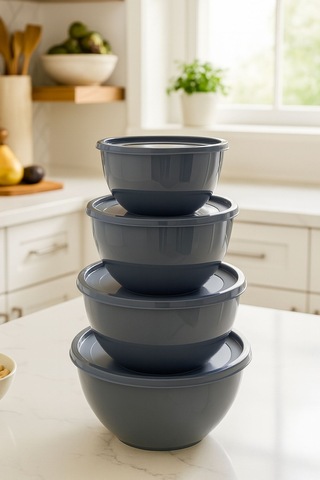 4 Lü Yuvarlak Kase Seti Antrasit 1l, 1.5l, 2.3l, 3.3l Kapaklı Çok Amaçlı Mutfak Saklama Kabı Antrasit