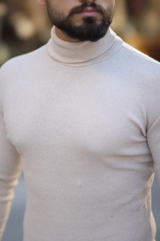 Erkek Bej Boğazlı Triko Kazak Bej