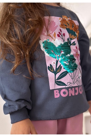 Cigit Çiçek Basdkılı Pullu Sweatshirt 1-6 Yaş Lacivert Lacivert
