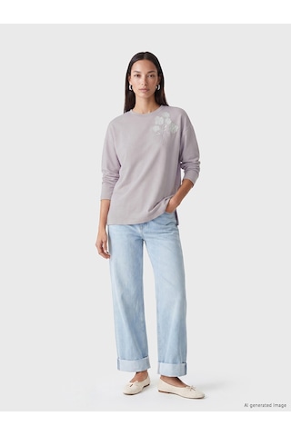 Lcw Everyday Lila Nakışlı Oversize Soft Touch Kadın Tunik