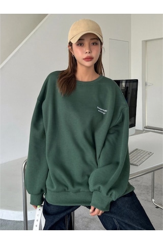 Kadın Nefti Yeşil Staggertly Baskılı Bisiklet Yaka Sweatshirt Nefti Yeşili