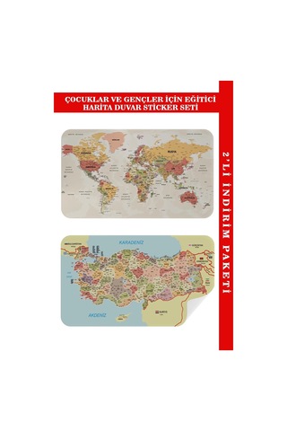 Eğitici - Öğretici Dünya Ve Türkiye Haritası Çocuk Odası Duvar Sticker-60x105-3890 Renkli
