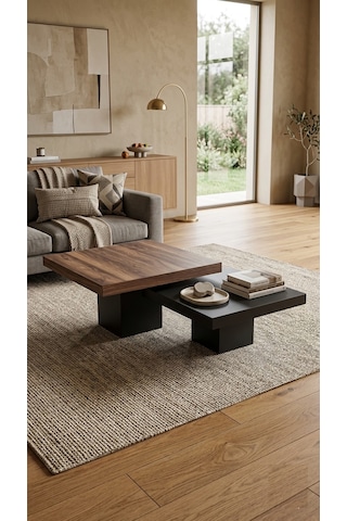Most Marmoris Mermer Görünümlü %100 Mdf Orta Sehpa Set Siyah - Ceviz