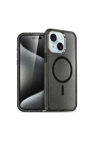 İphone 15 Uyumlu Renkli Magneticsafe Parlayan Simli A+ Kalite Silikon Kapak - Siyah