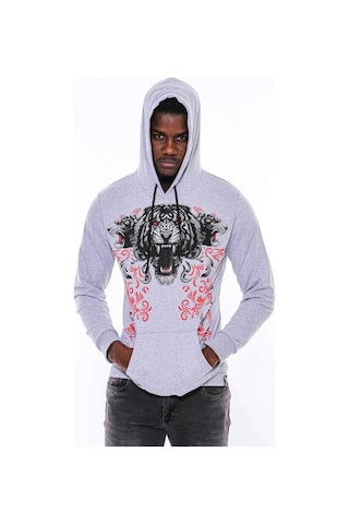 Wessi Gri Taşlı Baskılı Kapşonşlu Sweatshirt Gri