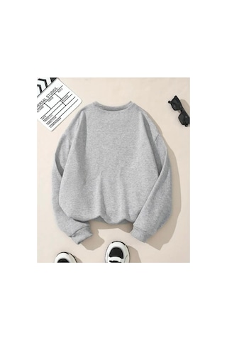 Herkesemoda Çilek Kurdele Baskı Detaylı Bisiklet Yaka Sweatshirt Gri