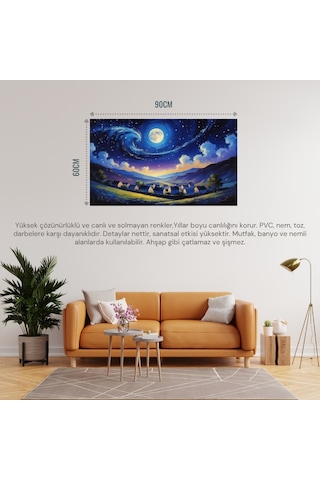 Doğa Ve Manzara Yatay Sessiz Bir Köyün Üzerinde Yıldızlı Gece Parlayan Ay 07 Çerçevesiz 90x60cm Pvc Tablo