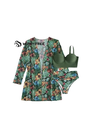 Kadın Yaz Baskılı Bikini Mayo Üç Parçalı Set - Yeşil - Wr409313